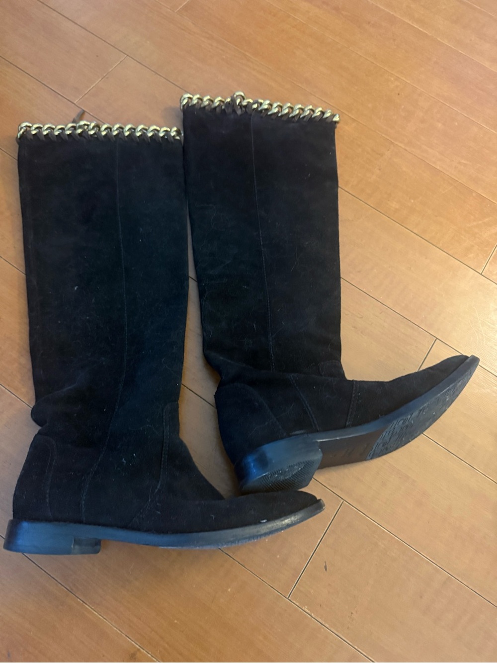 Sergio Rossi Black Suede Over-the-Knee Boots with Gold Chain Trim